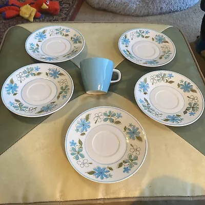 FIVE MIKASA Cera-Stone MAGGI 3149-B Blue Flower Saucers 6 3/8” NICE Japan 1 Cup! • $16