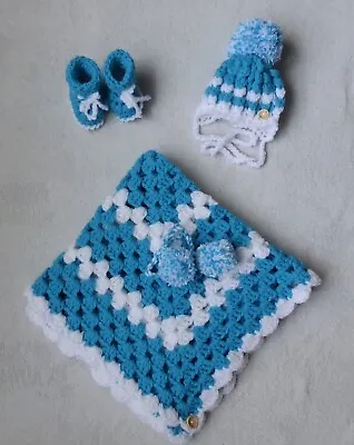 Hand Crochet Baby Boys Blanket Hat And Bootee Set 0/3 Months Turqouise /white • £15