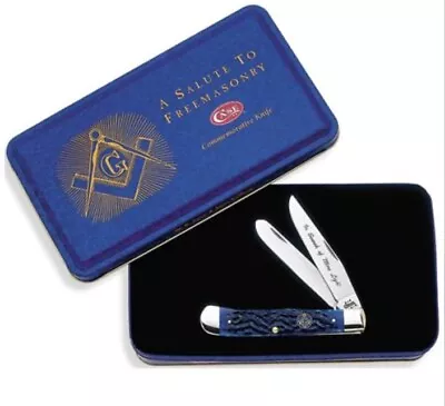 Case Xx Masonic Trapper Knife Tin Gift Set Blue Bone Freemason Stainless 01058 • $89.97