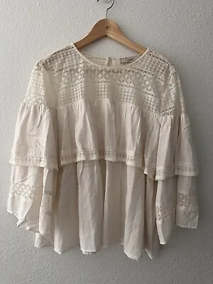 Ann Taylor Loft Boho Blouse Lace Ruffles Edwardian Victorian Ivory Large • £21.21