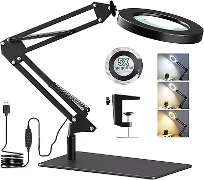 Magnifying Glass With Light And Stand 5X Magnifying Desk Lamp With Base & Clamp • $65.66