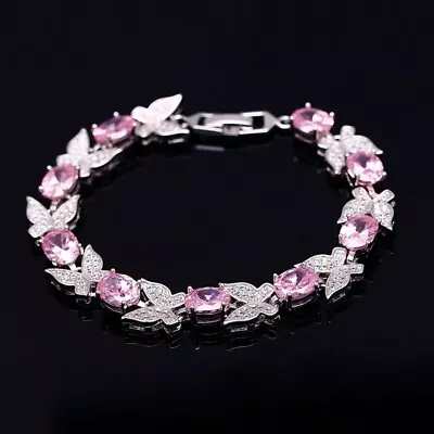 925 Sterling Silver Womens 7  Inlaid Butterfly Pink Topaz Tennis Bracelet • $31.95