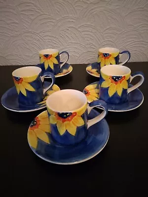 Whittard Of Chelsea Set Of 5 Espresso Cups And Saucers Sunflowers Blue Bright • £12