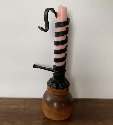 Vintage COURTING CANDLE Black Metal Spiral Taper Candle Holder Wood Base 9  • $27.44