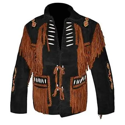 Men Western Style Cowboy Grace Leather Jacket With Fringe Beaded Work-Tan Brown • $122.99