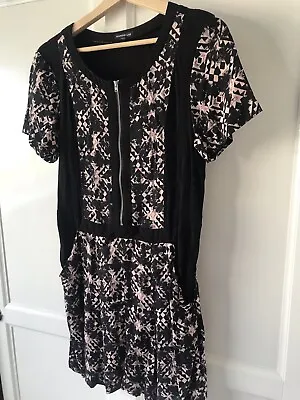 Used Size 12 WAREHOUSE Playsuit Black & Pink Short Sleeves Zip Front Pockets • £8