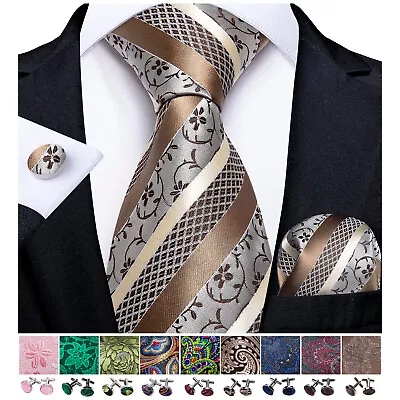 Men's Silk Tie Golden Red Paisley Striped  Necktie Square Hanky Cufflink Set Wed • $12.99