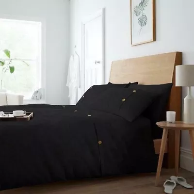 Single Bed Waffle Black Duvet Cover Set Button Border Polycotton Bedding Set • £12.99