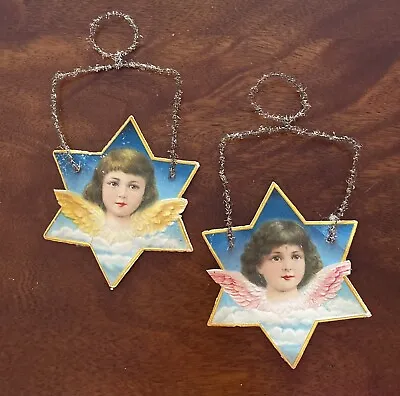 Two Antique Victorian Scrap ANGEL W Tinsel CHERUB Star Christmas ORNAMENTS • $34