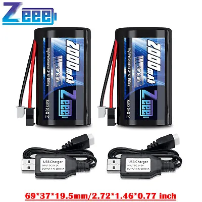 2x Zeee 2S Li-ion Battery 2000mAh 7.4V SM 2P Plug+USB For MN D90/91/99s RC Car • $23.99