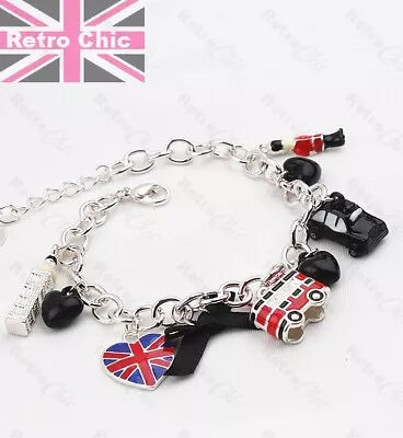 UK LONDON Travel CHARM BRACELET Silver Plated BUS/TAXI Enamel GB Flag Union Jack • £3.88