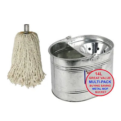 Galvanized Mop Bucket Heavy Duty Metal  Cotton Floor Mop Head Set Strong 14L • £5.99