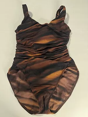 Miraclesuit Brown Black Ruched Slimming One Piece Swimsuit Tummy Control Size 12 • £28.49