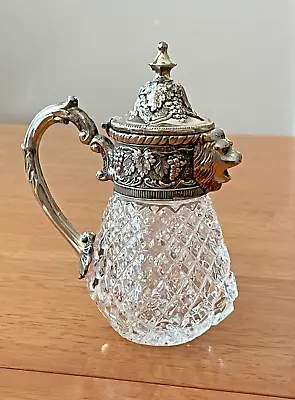 Vintage Crystal Diamond Cut Glass Silver Plated Lion Head Syrup Creamer Pitcher • $21.95