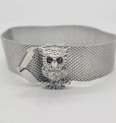 Sarah Coventry Mesh OWL Bracelet 8 In Silver Tone Purple Eyes Adjustable • $16.64