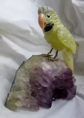 Macaw Parrot Bird Semi Gem Stone Hand Carved Amethyst Clear Quartz Base 5.6 Lbs • $349.99