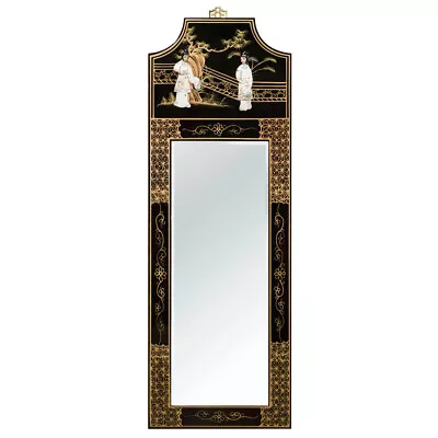 US Seller - Black Lacquer Mother Of Pearl Panel Oriental Mirror • $288