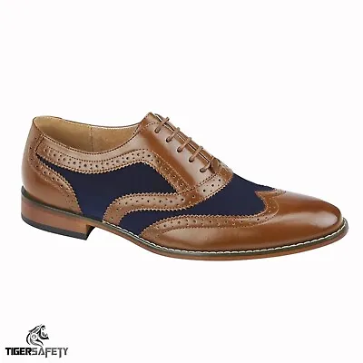 Goor M968BC Mens Tan Leather & Navy Blue Suede 5 Eyelet Oxford Brogue Shoes • £29.85