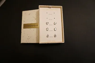 NIB DIAMONIQUE Set Of Stud Earrings Boxed Set S.S. Heart Oval Pear Cuts 2 Carat • $31.99