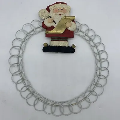 Christmas Card Holder Wreath Santa List White Metal 12 Inch Round Hanging Hook • $14.95