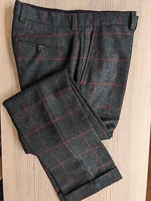 Holland Esquire Green Wool Red Windowpanel Trousers Size 34 • £120