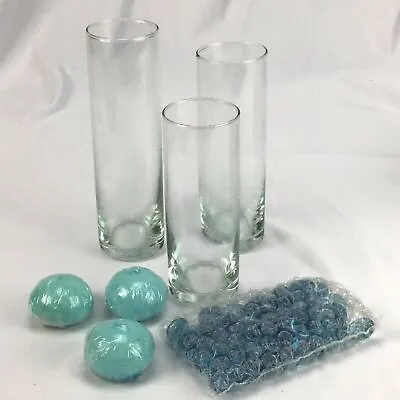 Hallmark GLASS Cylinder VASE FLOATING CANDLE HOLDERS (3) Blue Candles Marbles • $9.99