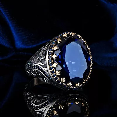 Turkish Handmade 925 Sterling Silver Jewelry Blue Sapphire Men's Ring  • $56