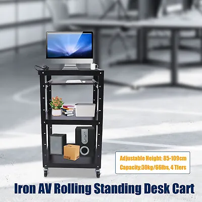 Metal AV Cart Media Cart Rolling Standing Desk On Wheels With Power Strip Set • $128.26