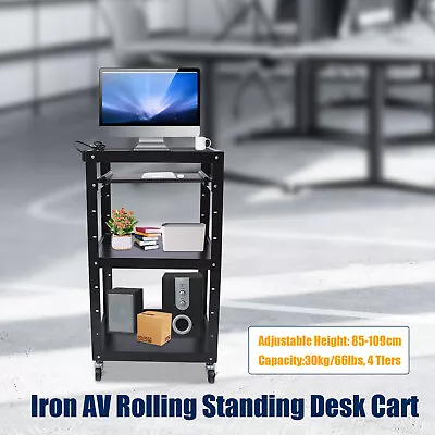 Metal AV Cart Media Cart Rolling Standing Desk On Wheels With Power Strip • $135.01