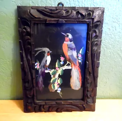 1940's  Mexican Feathercraft Bird Folk Art In Hand Carved Wood Cedar Frame • $25