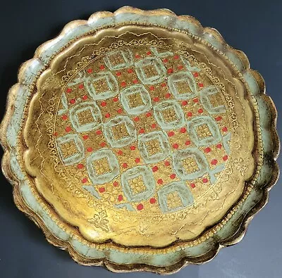 VTG Italian Florentine Gilt Gold Red/Grn Wood Serving Tray Made In Italy 14  • $33.99