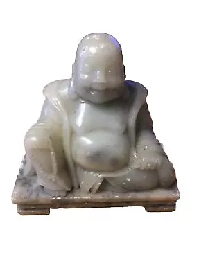 Vintage Soapstone Grey Laughing Buddha Sitting On Marble Base • $100