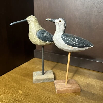 $19.99 • Buy Pair  (2) Vintage Hand Carved Wood Shore Birds On Stem - Folk Art Figurines
