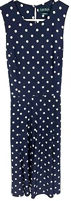 LAUREN RALPH LAUREN A-Line Dress Sz 4 Navy Blue With Belt Polka Dot Fit N Flare • $14.99