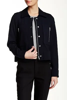 Theory Zandita Women's Zip & Snap Up Crop Ponte Jacket In Navy Blue Size L • $137.03
