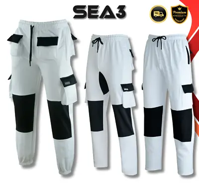 SEA3 Men's Fleece Painters Decorators Combat Cargo Work Trousers White Joggers • £22.99