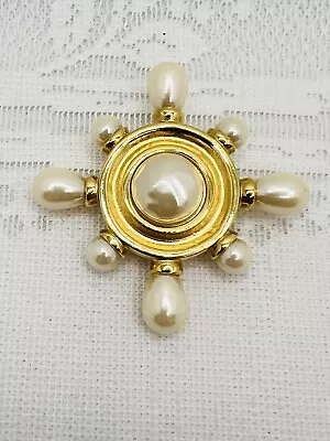 Givenchy Vintage Maltese Cross Brooch Matte Gold Tone Faux Pearls • $99.99