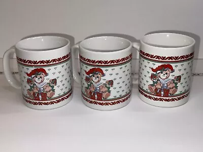 VTG Christmas Mugs Set Of 3 Set 80s 90s Bear Reading W/ Cubs Holiday Get Cond! • $16.28