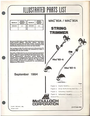 McCulloch Mac 60a/80a String Trimmer Illustrated Parts List Exploded View 1984 • $5.95