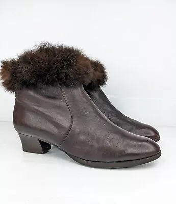 Sz 9.5 Vintage 80s Ladies Brown SEMLER  Fur Trim Zip Up Leather Ankle Boots • $45