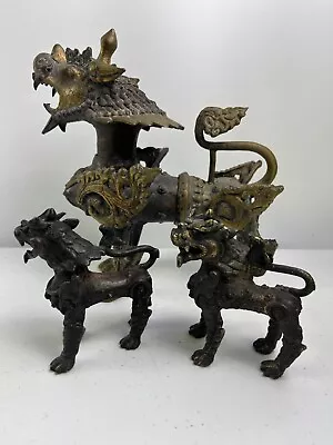 Set Of 3 Vintage Chinese Brass Foo Fu Dog Dragons Pi Xiu Lion Heavy • $129.99