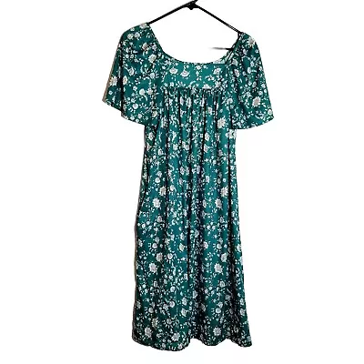 Haband House Dress Women's Medium Blue White Floral Shift Mumu Pockets Made USA  • $12.99