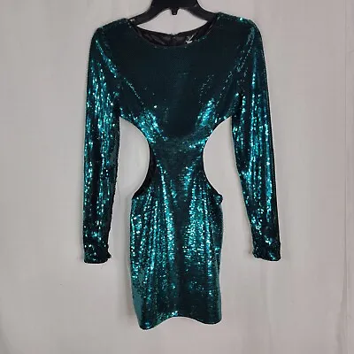 Mori Lee Juniors Womens 1/2 Emerald Green Sequin Side Cut Out Mini Prom Dress • $89.50