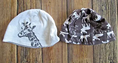 Lot 2 Baby Hat Beanie 0-3 Months Mudpie Moose Reversible Giraffe Elephant Cotton • $5.99