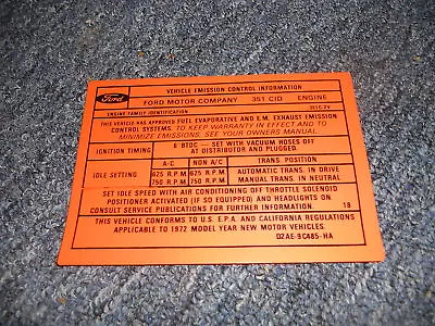 1972 Ford Mustang / Mach 1 351c 2v Emissions Decal • $8.99