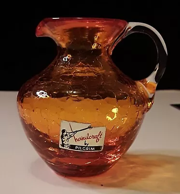 Vintage Hand-blown Pilgrim Glass Orange Crackle Small Pitcher 3 1/4  With Label • $18.86