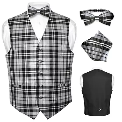 Men's Plaid Design Dress Vest BOWTie Black GRAY White BOW Tie Hanky Set Suit Tux • $24.95