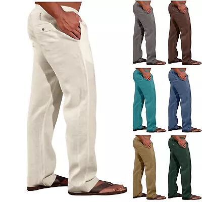 Men's Cotton Casual Lightweight Hemp Drawstring Solid Color Beach Trousers Pants • $19.71