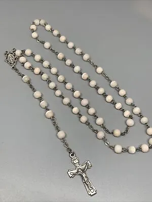 Vintage Rosary White Moonglow Glass Beads Catholic Religious 5 Decade Crucifix • $28.99