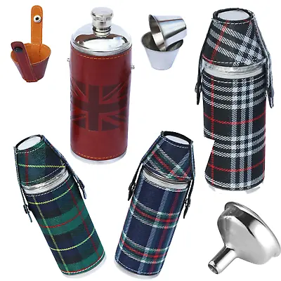 Hip Flask 8oz Stainless Steel & Leather Round Flask With 2 Cups • £8.99